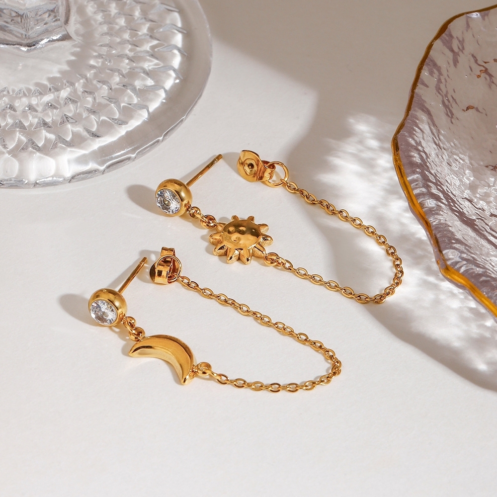 Gold Chain Drop Earrings with Sun and Moon Charms